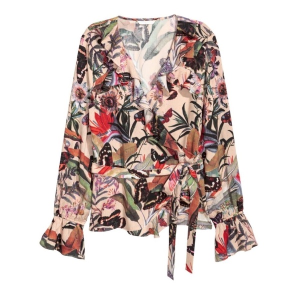 NEW H&M Frilled Ruffle Trim Wrap Tropical Floral Blouse! Size 2 - Picture 1 of 9